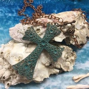 Rustic Green Patina Cross Necklace
